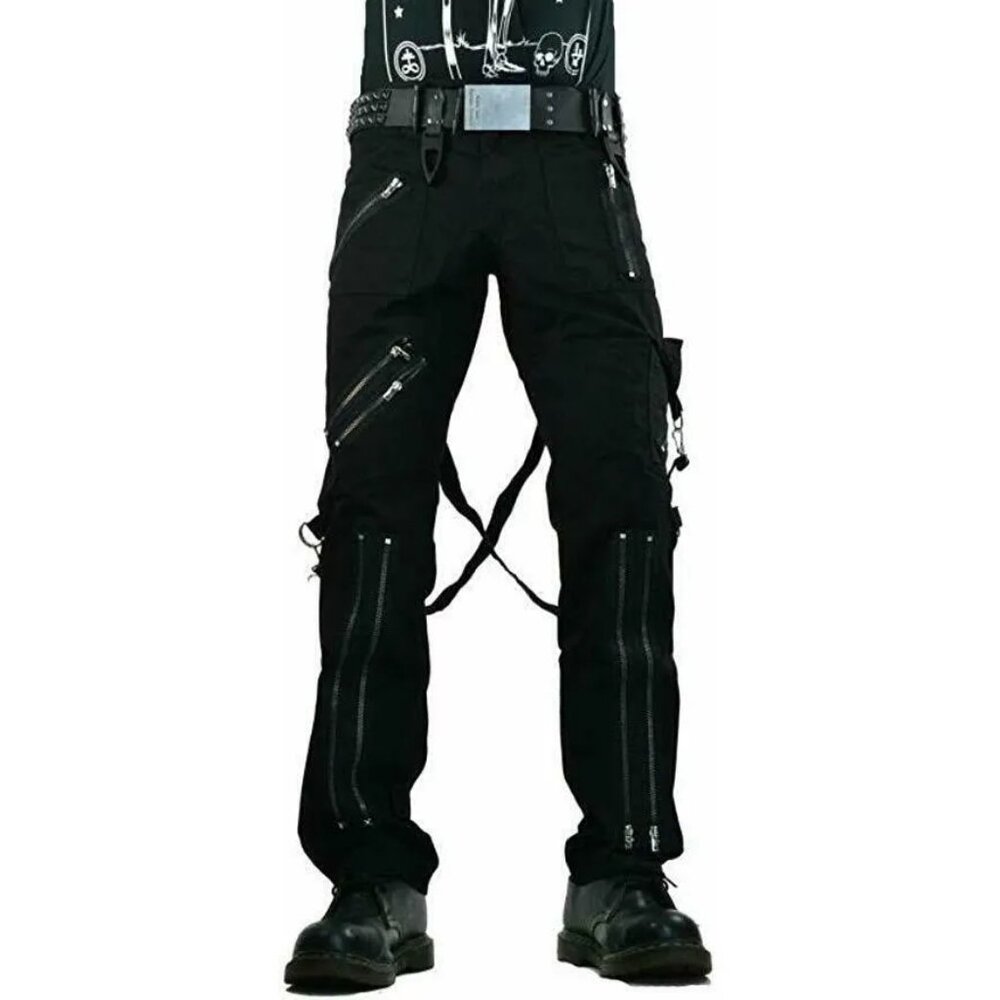 Gothic Straps Zipper Trousers Punk Rock Studs Metal Chain Trouser Pant